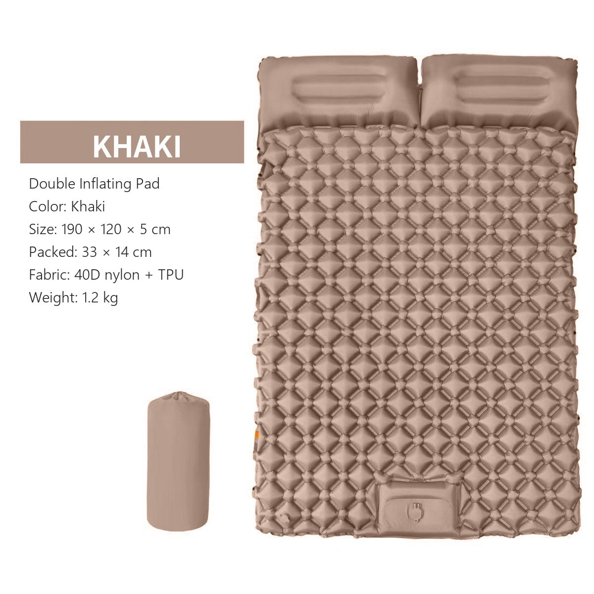 AirRest double inflating pad in khaki, 190 by 120 by 5 cm, packed size, 40D nylon TPU, 1.2 kg.