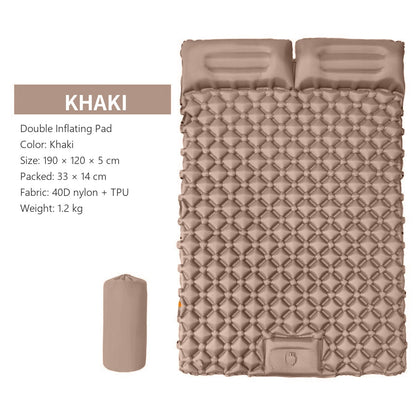 AirRest double inflating pad in khaki, 190 by 120 by 5 cm, packed size, 40D nylon TPU, 1.2 kg.