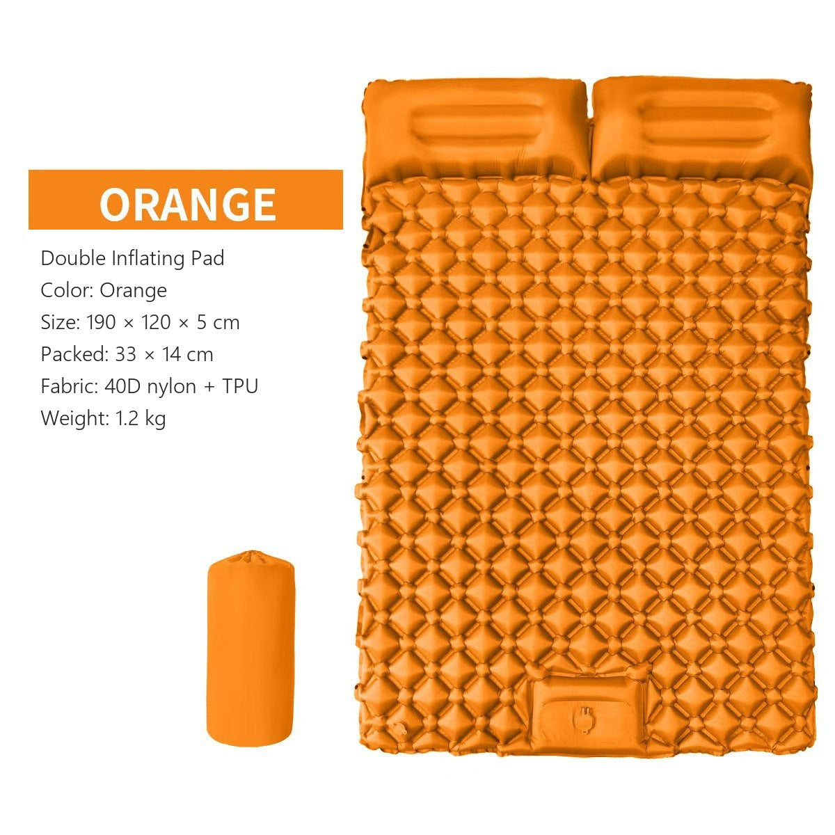 AirRest double inflating pad in orange, 190 by 120 by 5 cm, packed size, 40D nylon TPU, 1.2 kg.