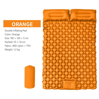 AirRest double inflating pad in orange, 190 by 120 by 5 cm, packed size, 40D nylon TPU, 1.2 kg.