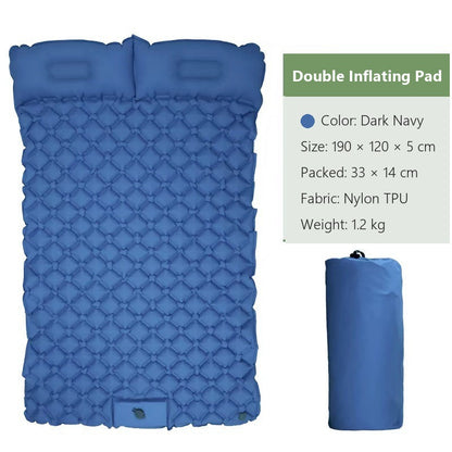 AirRest double inflating pad in dark navy, 190 by 120 by 5 cm, packed 33 by 14 cm, nylon TPU, 1.2 kg.