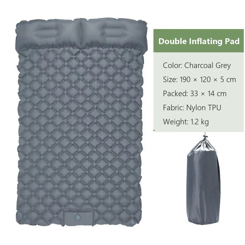 AirRest double inflating pad in charcoal grey, 190 by 120 by 5 cm, packed 33 by 14 cm, nylon TPU, 1.2 kg.