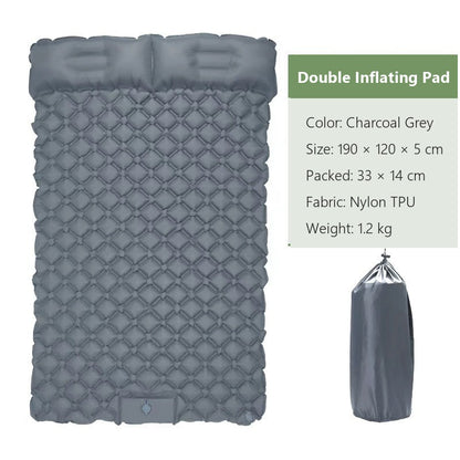 AirRest double inflating pad in charcoal grey, 190 by 120 by 5 cm, packed 33 by 14 cm, nylon TPU, 1.2 kg.