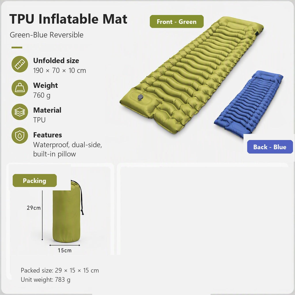 AirRest reversible TPU inflatable mat in teal and blue, 190 by 70 by 10 cm, waterproof with built-in pillow.