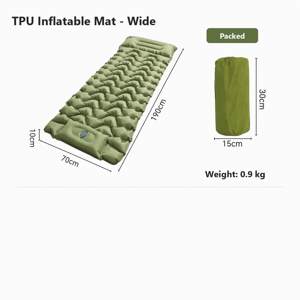 AirRest wide TPU inflatable mat in army green, 190 by 70 by 10 cm, packed size shown, 0.9 kg weight.