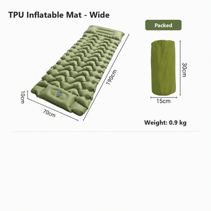 AirRest wide TPU inflatable mat in army green, 190 by 70 by 10 cm, packed size shown, 0.9 kg weight.