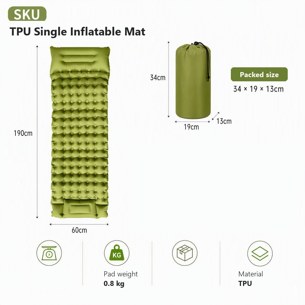 AirRest single TPU inflatable mat in olive green, 0.8 kg pad weight, TPU material specification chart.