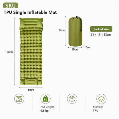 AirRest single TPU inflatable mat in olive green, 0.8 kg pad weight, TPU material specification chart.