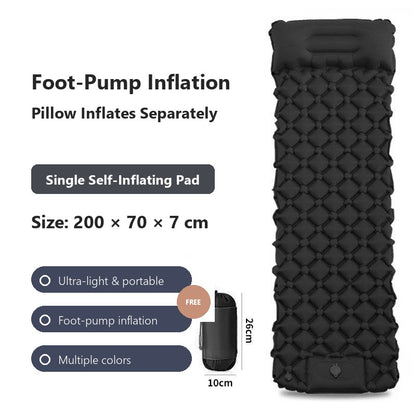 AirRest single self-inflating pad in black, 200 by 70 by 7 cm, with foot-pump inflation and free pillow.