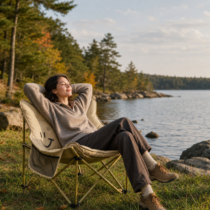 CampCircle camping set khaki padded butterfly chair by a lake, woman relaxing with hands behind her head, autumn trees.