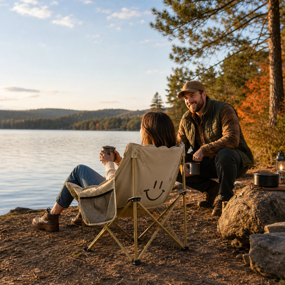 CampCircle camping set khaki padded chair from behind at a lakeside camp at dusk, two people with mugs by a campfire.