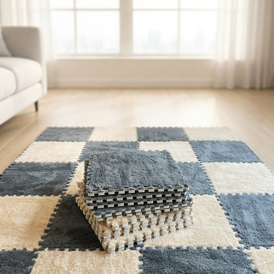 CloudSoft Checkerboard Floor Tiles in Grey and Ivory creating a cozy modern bedroom
