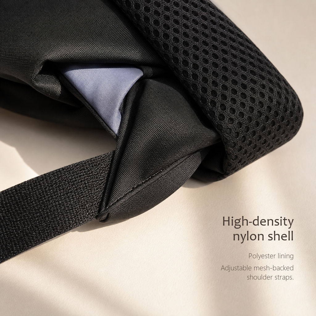CommuteCore structured laptop backpack in black, close-up of the high-density nylon shell with grey polyester lining and mesh shoulder strap.