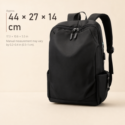 CommuteCore structured laptop backpack in black, size chart showing approximately 44 x 27 x 14 cm, that is 17.3 x 10.6 x 5.5 inches.