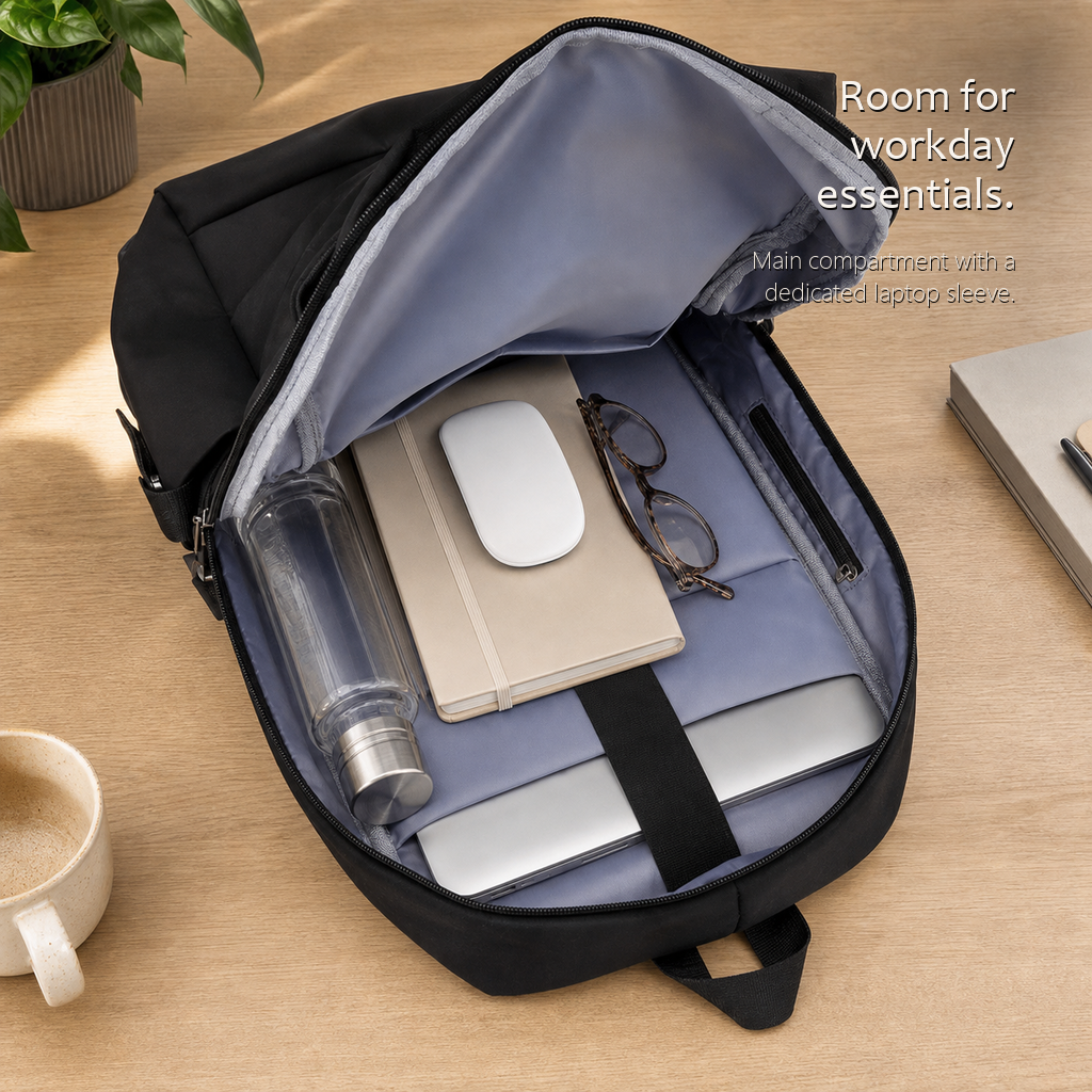 CommuteCore structured laptop backpack in black, opened flat on a desk holding a laptop, notebook, a mouse, glasses and a water bottle.