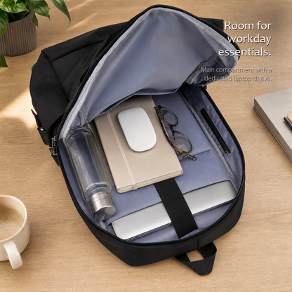 CommuteCore structured laptop backpack in black, opened flat on a desk holding a laptop, notebook, a mouse, glasses and a water bottle.