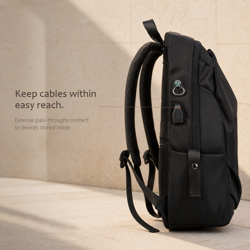 CommuteCore structured laptop backpack in black, side view showing external cable pass-through ports for charging devices stored inside.