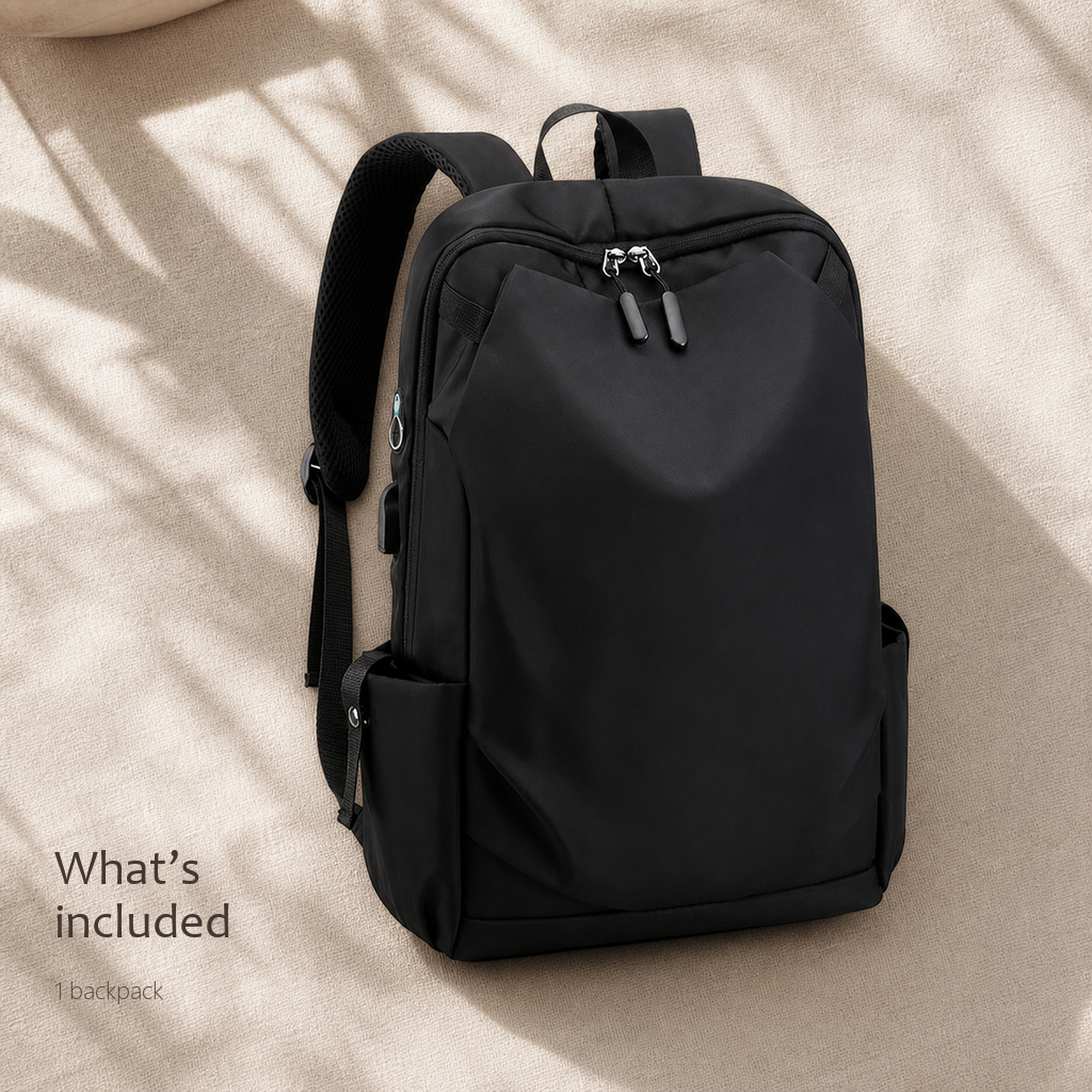 CommuteCore structured laptop backpack in black, front view on a beige backdrop with a what's included label listing one backpack.