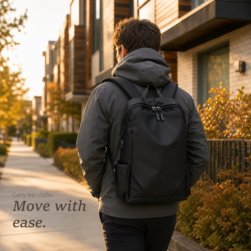CommuteCore structured laptop backpack in black, worn by a commuter walking down a tree-lined street at golden hour to move with ease.