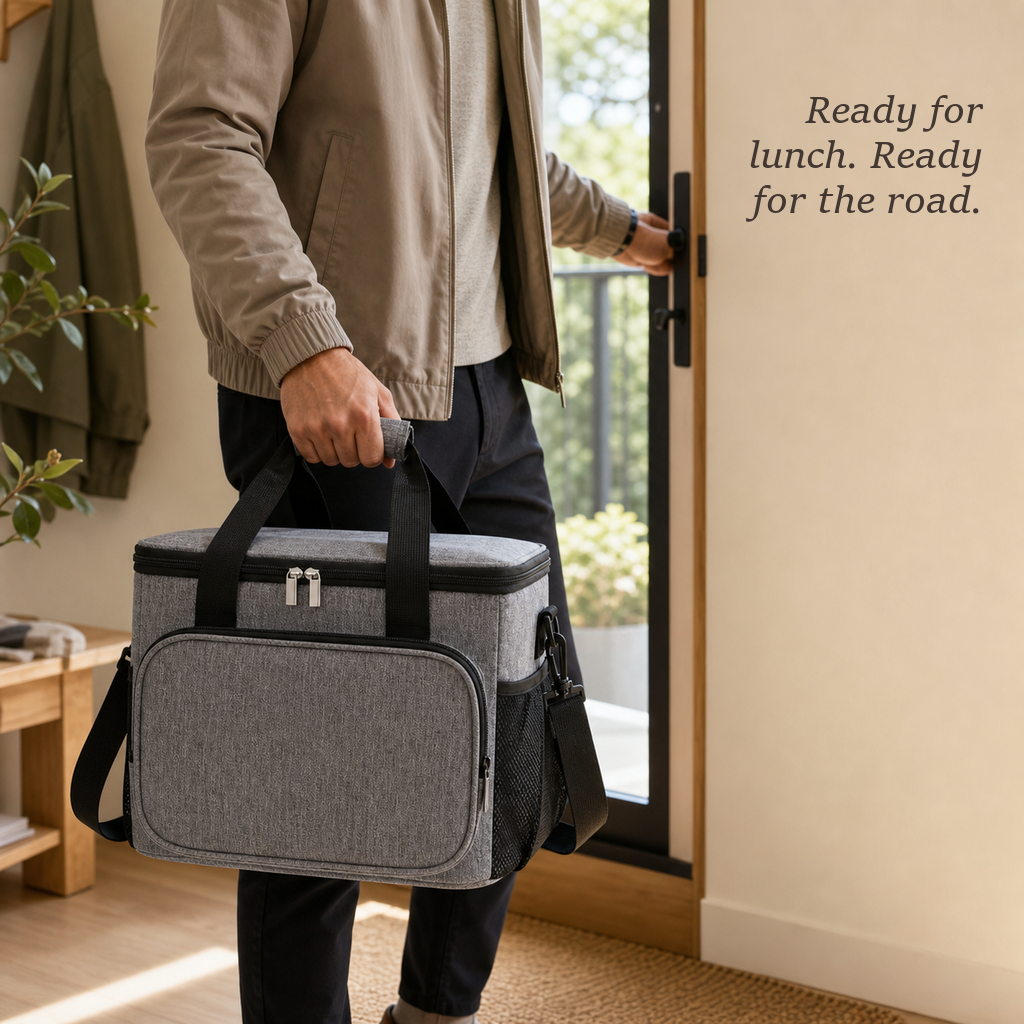 DayChill lunch bag in heather gray carried by the padded top handle as a man steps out through a glass door.