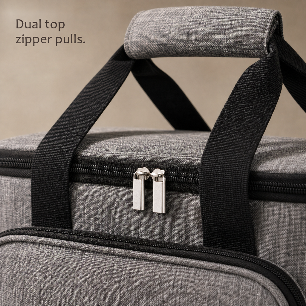 Close-up of the DayChill lunch bag in heather gray showing the padded top handle and dual metal zipper pulls.