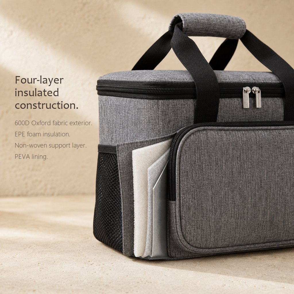 Infographic showing the DayChill lunch bag in gray with the corner peeled back to reveal its four insulation layers.