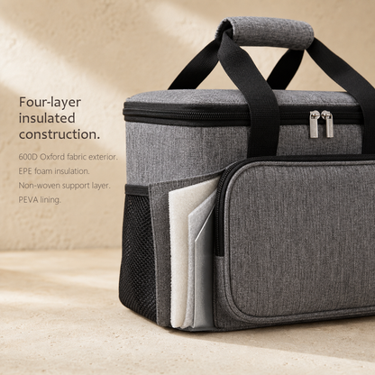 Infographic showing the DayChill lunch bag in gray with the corner peeled back to reveal its four insulation layers.