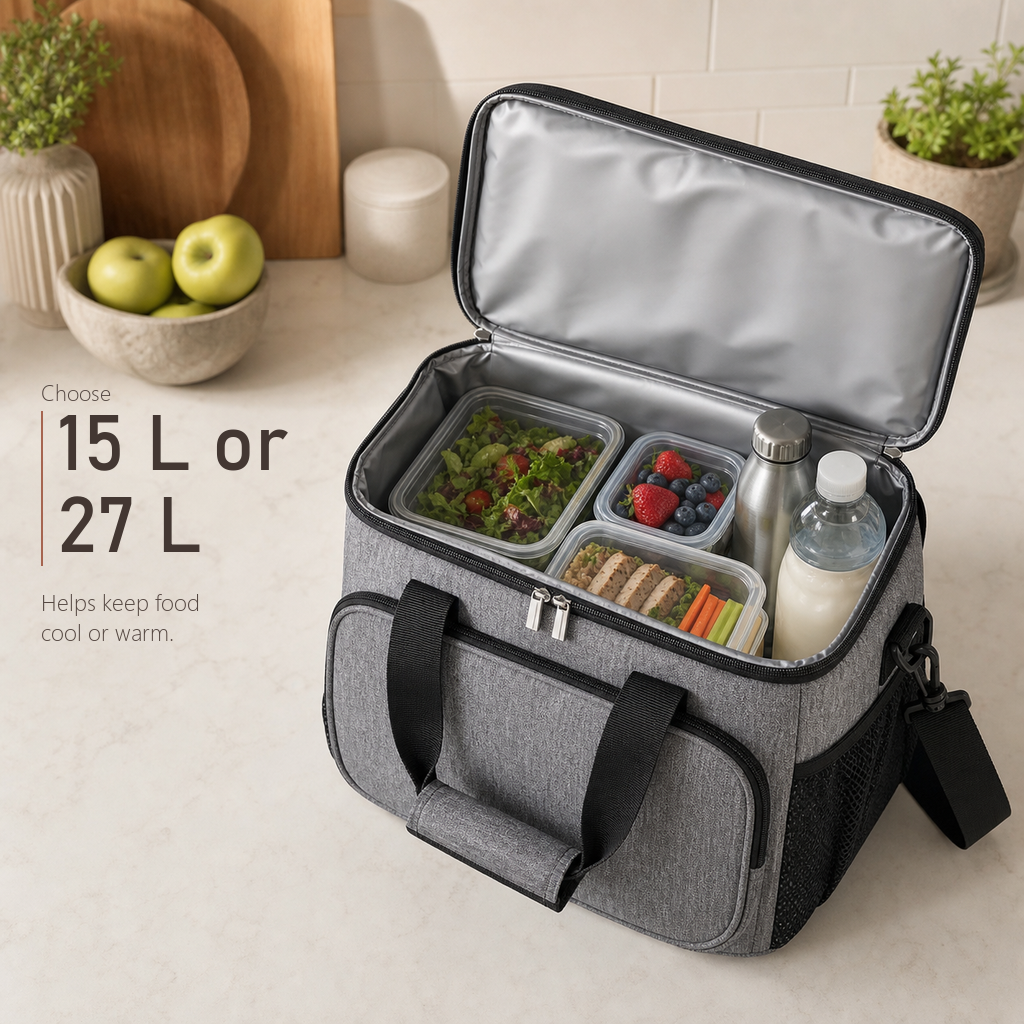 DayChill lunch bag in heather gray open on a kitchen counter, packed with food containers, a bottle and a flask.