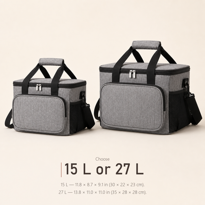 Specification chart for the DayChill lunch bag showing the 15 L and 27 L sizes in heather gray side by side with dimensions.
