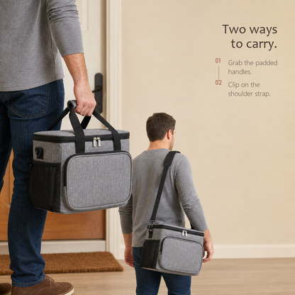DayChill lunch bag in heather gray shown two ways: held by the padded top handle and worn crossbody on the shoulder strap.