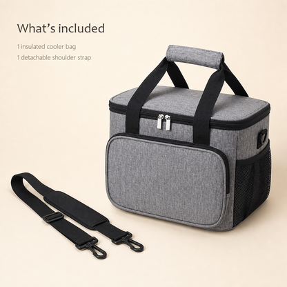 DayChill lunch bag in heather gray pictured with its detachable black shoulder strap laid out beside it.