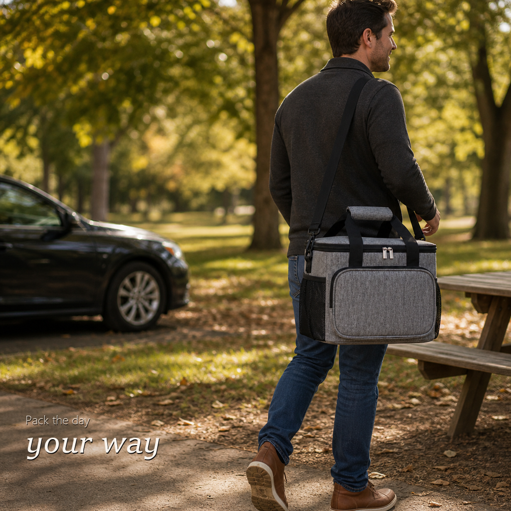 DayChill lunch bag in heather gray worn crossbody by a man walking through a park past a car and picnic table.