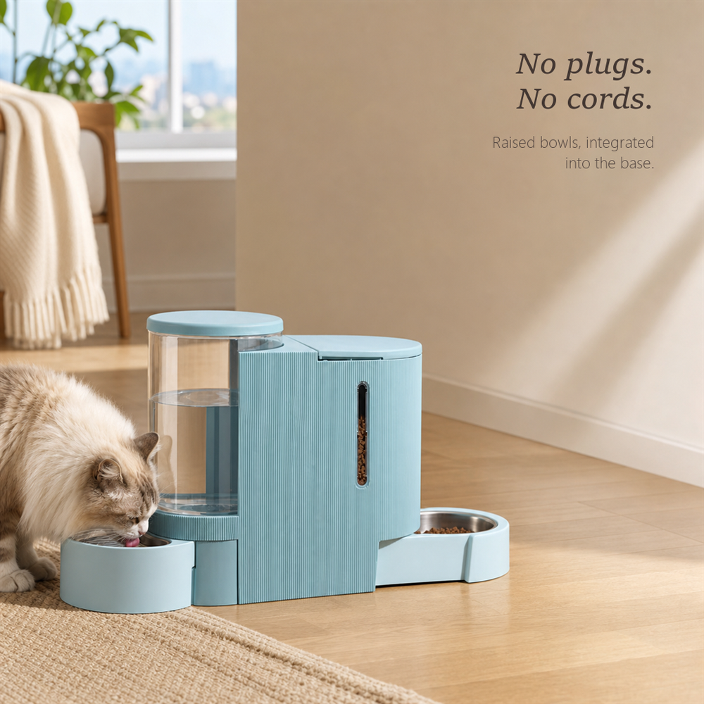 A coordinated pet feeding station fitting naturally into a shared home