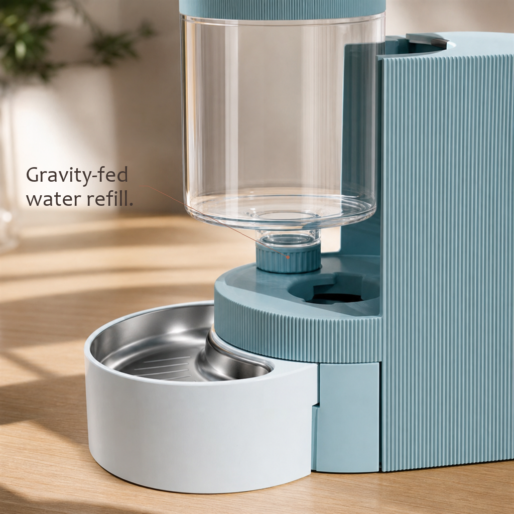 Close-up of the FeedFlow water station in light blue, clear gravity-fed reservoir seated over the steel bowl.