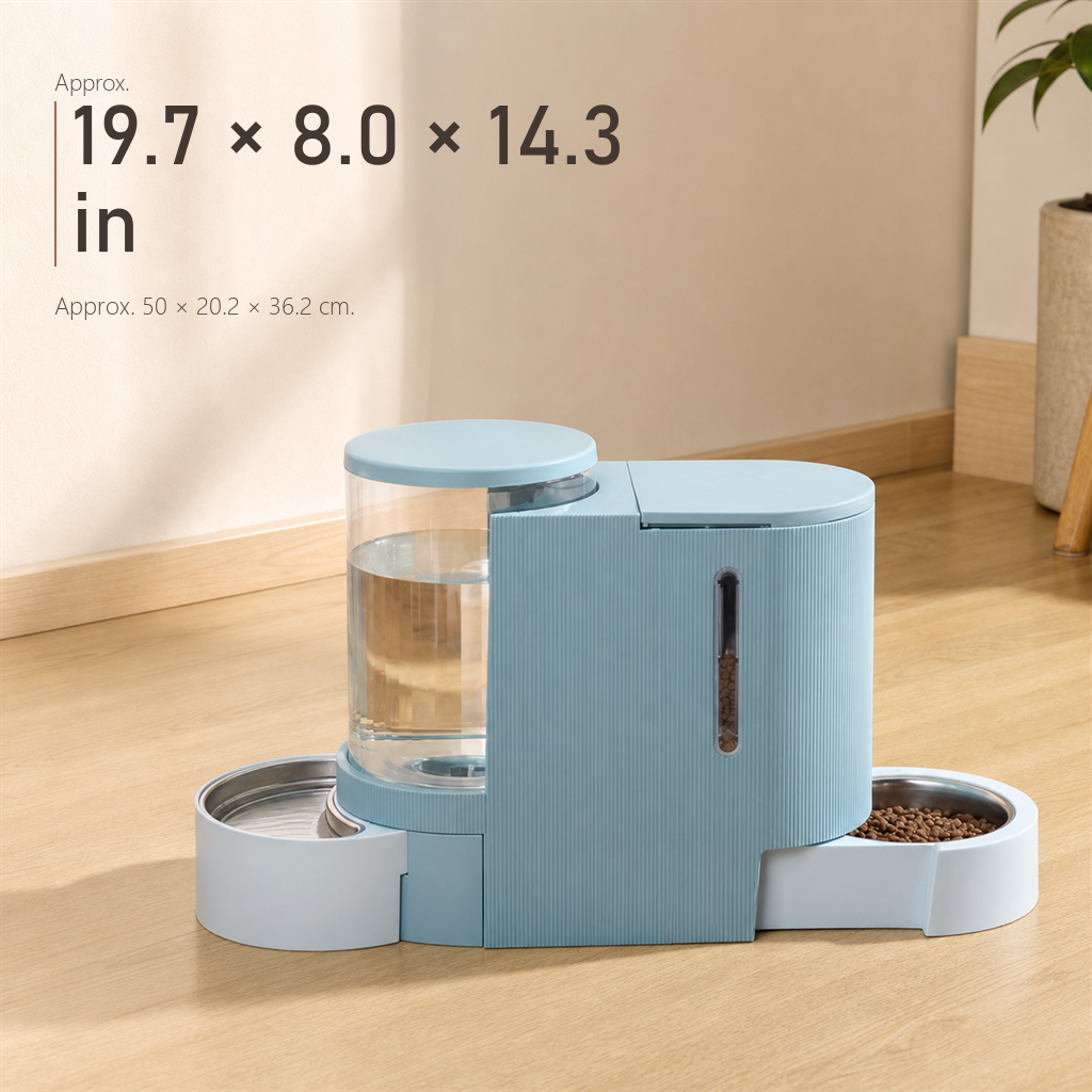 Specification chart for FeedFlow feeder in light blue, approx. 19.7 x 8.0 x 14.3 in overall dimensions.
