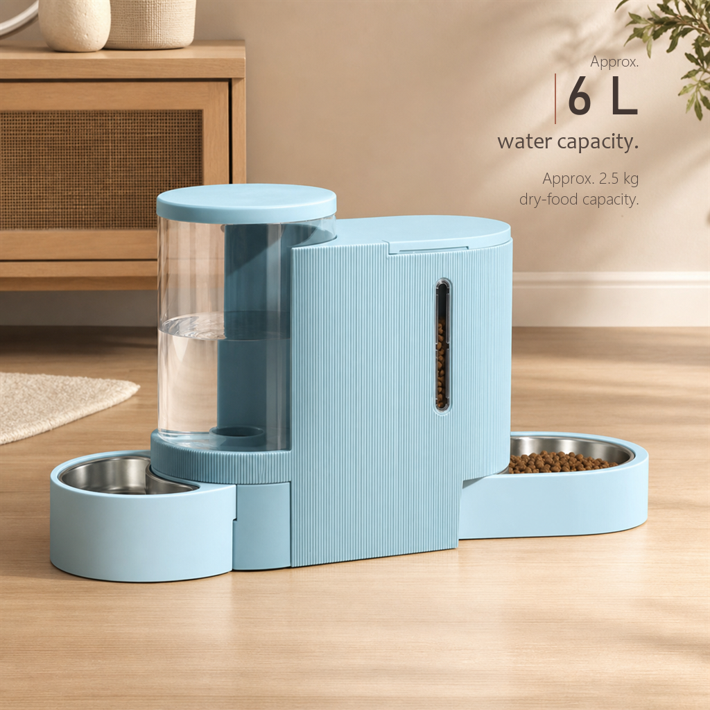 Infographic showing FeedFlow station in light blue with approx. 6 L water and 2.5 kg dry-food capacity.