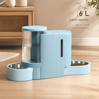 Infographic showing FeedFlow station in light blue with approx. 6 L water and 2.5 kg dry-food capacity.