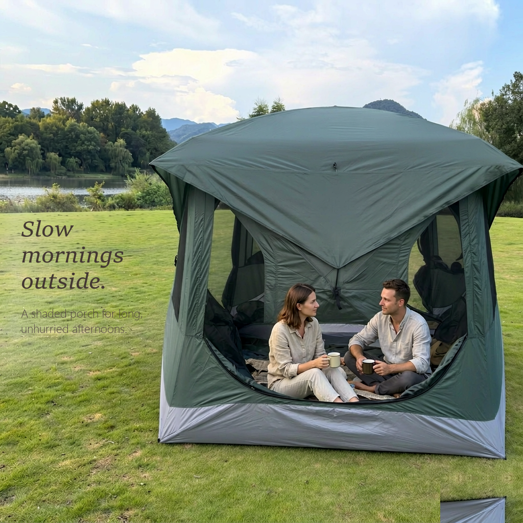 HarperShelter camping tent standing on a lakeside campsite on a late summer morning
