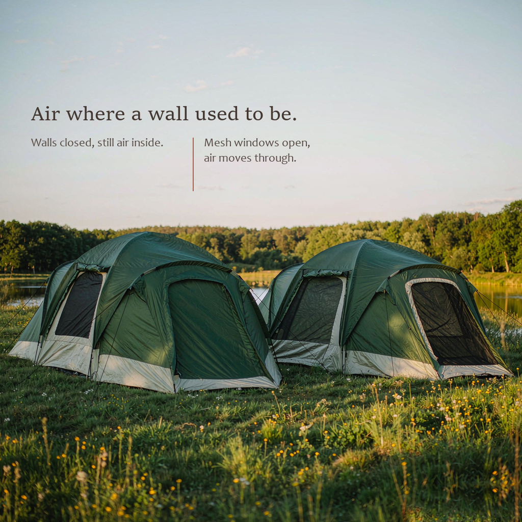 HarperShelter tent mesh window shown closed and opened, comparing airflow against privacy
