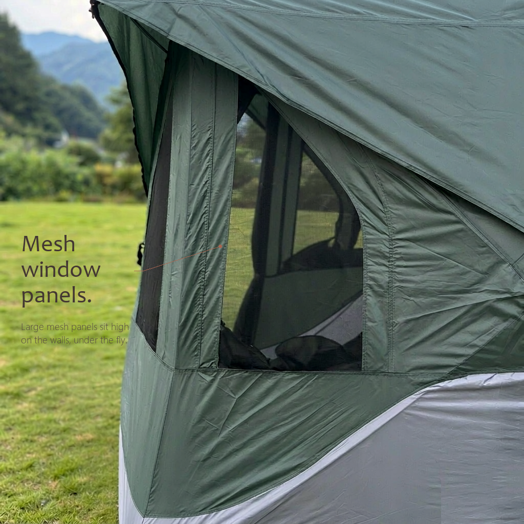 Close-up of the black mesh window panel on the HarperShelter camping tent, opened for airflow