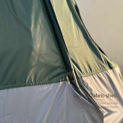 Green Oxford fabric shell and fibreglass pole detail of the HarperShelter camping tent