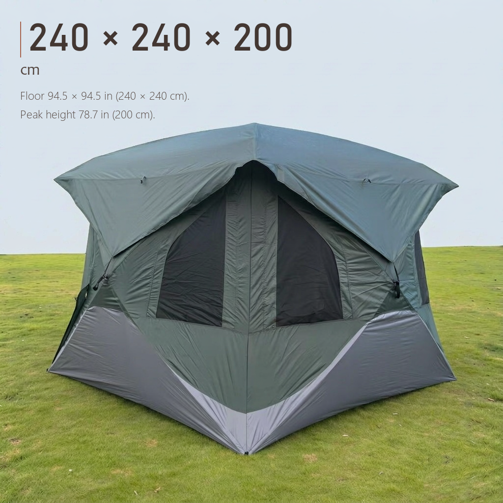 HarperShelter camping tent shown at full size, 240 cm by 240 cm floor and 200 cm tall