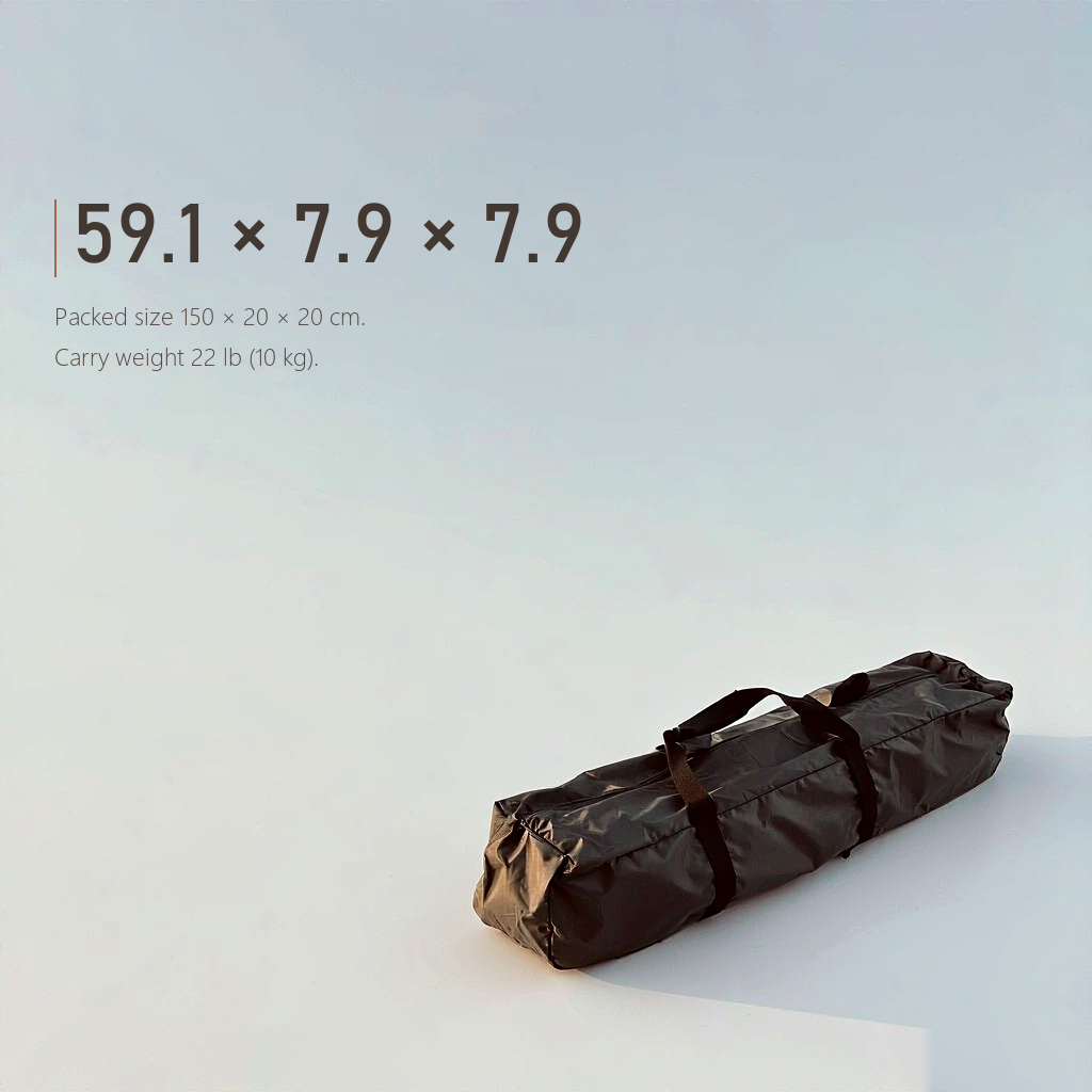 HarperShelter tent packed into its shoulder carry bag, 150 x 20 x 20 cm and 10 kg