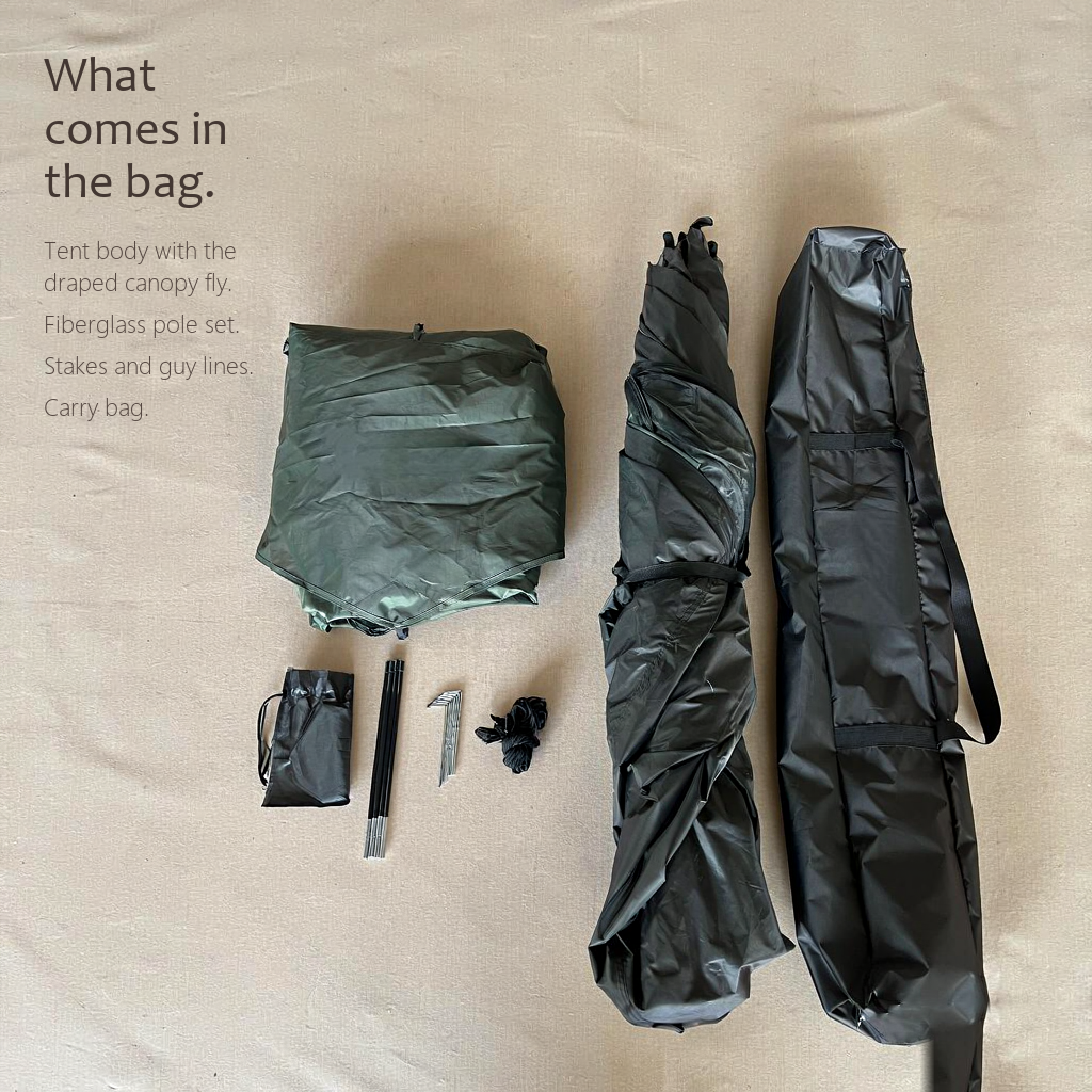 Included parts of the HarperShelter camping tent: carry bag, poles, stakes and guylines