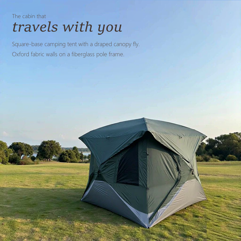 HarperShelter 240 x 240 cm semi-automatic camping tent pitched on an open lakeside meadow
