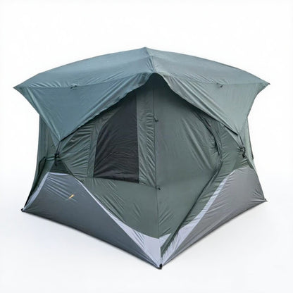 HarperShelter semi-automatic camping tent in green with gray base, three-quarter view with mesh door on a white background.