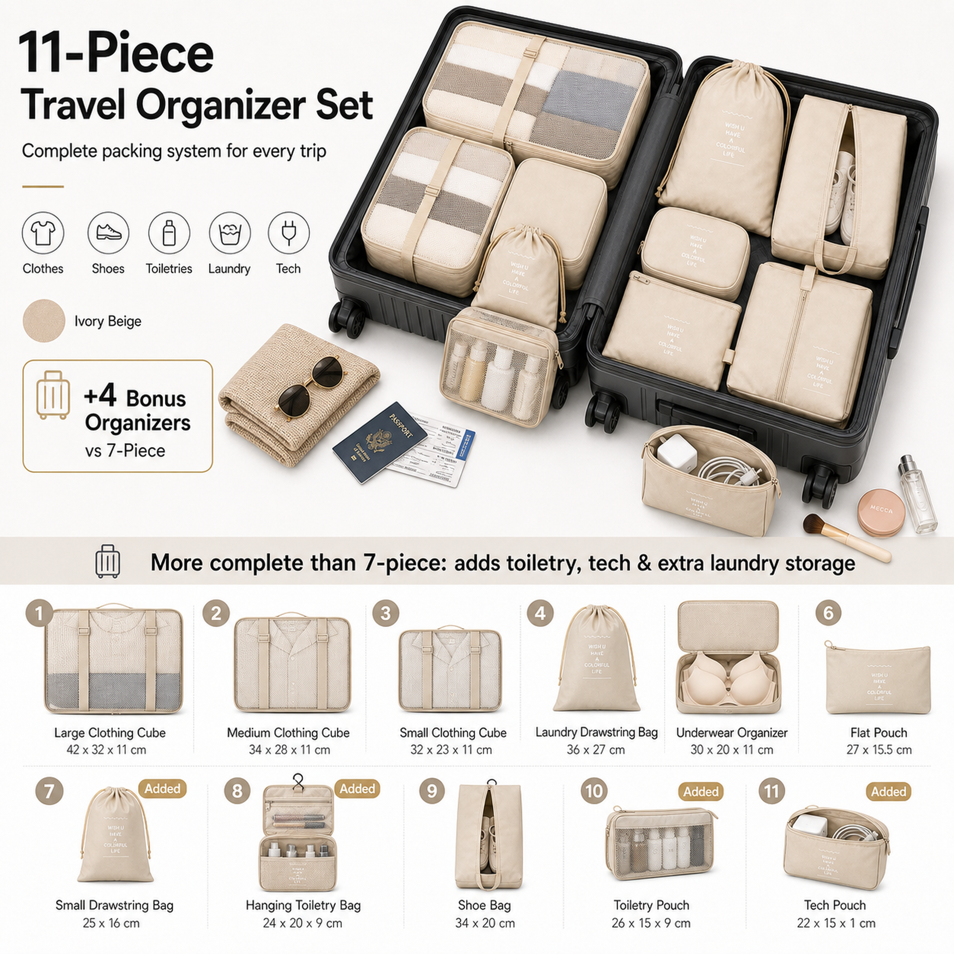 JourneyPack Travel Organizer Set in ivory beige 11-piece luggage organizer set