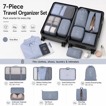JourneyPack Travel Organizer Set in gray blue 7-piece packing cube set