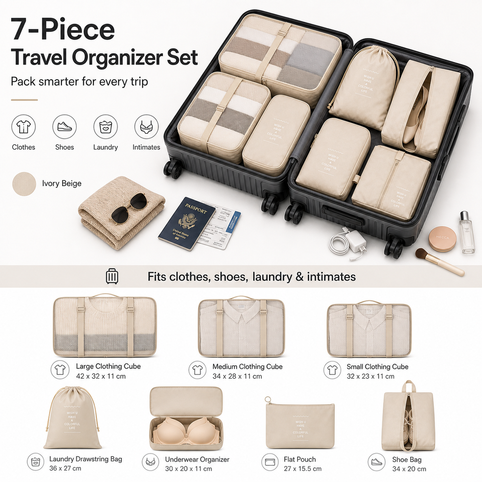 JourneyPack Travel Organizer Set in ivory beige 7-piece packing cube set