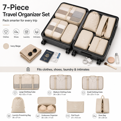 JourneyPack Travel Organizer Set in ivory beige 7-piece packing cube set